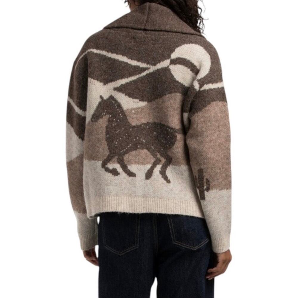 Lucky Brand Long Sleeve Horse Shawl Cardigan Large Neutral Brown NWT